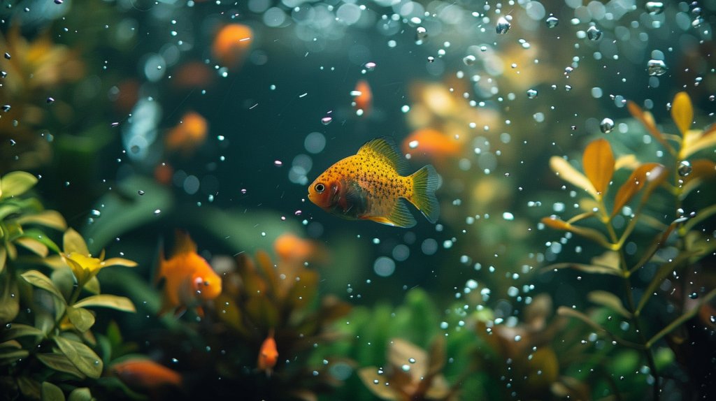 A single goldfish swims serenely among aquatic plants and bubbles in a fish tank, its vibrant colors contrasting against the lush greenery. To maintain this peaceful scene, some aquarists inquire, "Will vinegar kill algae in a fish tank?