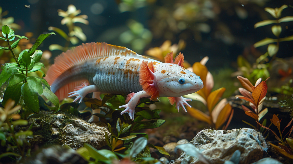 A speckled axolotl with vibrant red fringes and pink limbs is surrounded by greenery and rocks in an underwater environment. Can you handle axolotls as captivating as this?