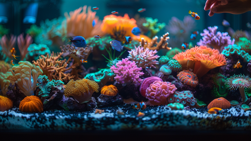 A vibrant aquarium featuring various colorful corals and small tropical fish, with a hand reaching into the tank from the right. Among these stunning visuals, one might wonder, "How big do Ranchu goldfish get?