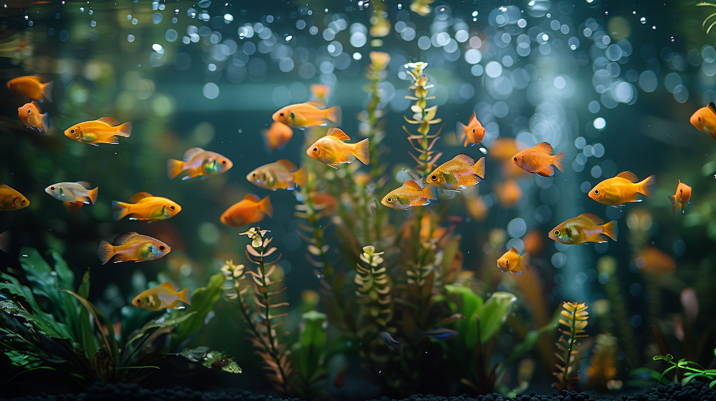 A vibrant aquarium scene features numerous orange fish swimming amidst green aquatic plants and bubbles rising to the surface, a perfect illustration of healthy marine life despite the challenges of maintaining low pH in the fish tank.