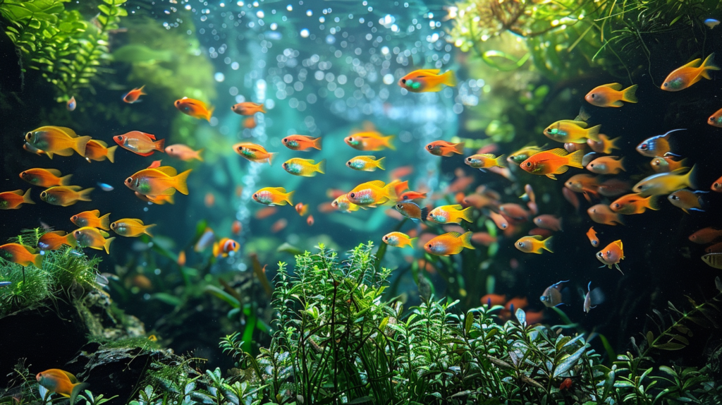 A vibrant aquarium scene with numerous orange fish swimming among green plants and bubbles rising towards the surface, alongside some of the best fish to clean your tank.