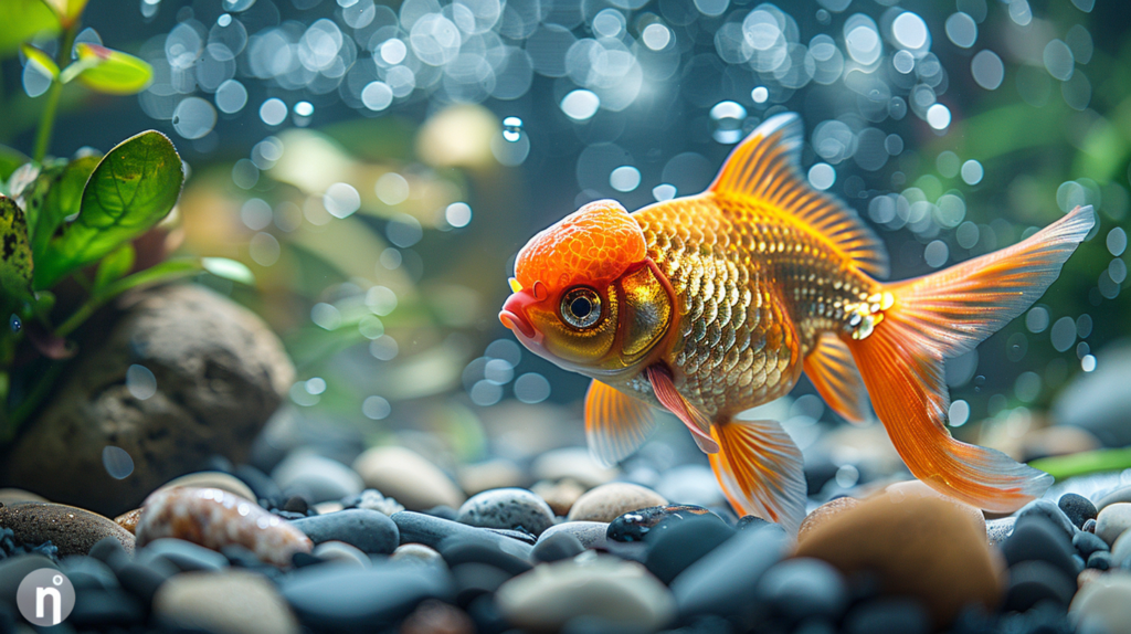 A vibrant goldfish swims among pebbles and aquatic plants in a well-lit aquarium, with bubbles and bokeh visible in the background. One might wonder, how big do Ranchu goldfish get as they gracefully navigate their watery haven?