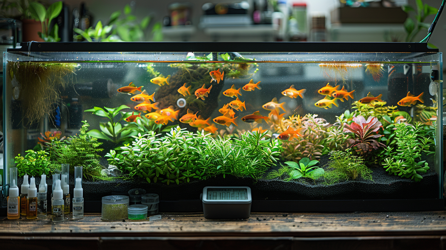 A well-maintained aquarium with numerous small, orange fish swimming among various green aquatic plants thrives despite the low pH in the fish tank. The tank is equipped with a digital display and various maintenance supplies on the side.