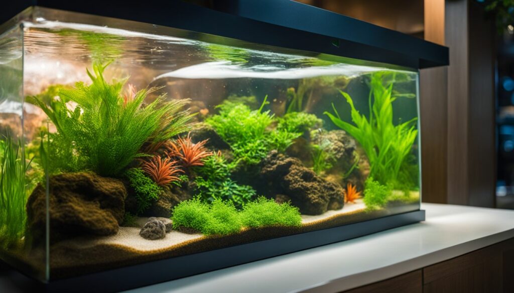 A well-maintained aquarium with various green plants, rocks, and a sandy bottom, placed on a white surface, featuring the best filter for a 20-gallon aquarium to ensure pristine water quality.