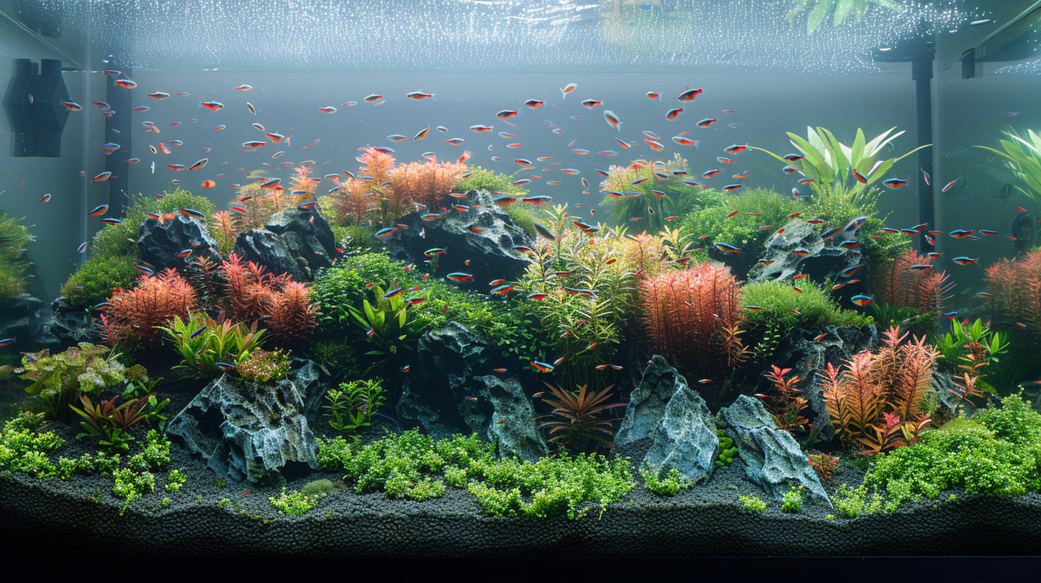 An aquarium filled with various species of small fish, colorful aquatic plants, and natural rock formations, all illuminated by a soft light, creates a serene environment where maintaining a low pH in the fish tank is essential for their health.