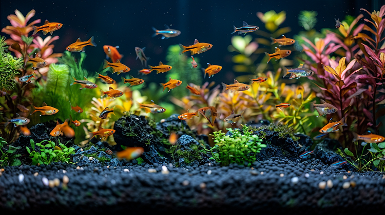 An aquarium with various small colorful fish swimming among green, red, and yellow aquatic plants, with a gravel substrate at the bottom prompts the question: can you over-filter a fish tank?