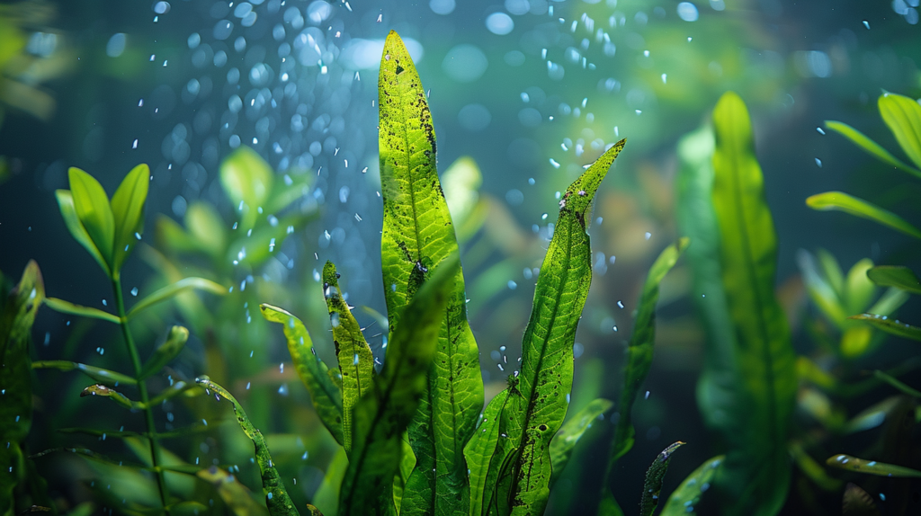 An underwater scene showing bright green aquatic plants intertwined with patches of Black Beard Algae, with small bubbles rising to the surface.