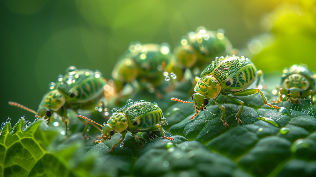 Close-up of vibrant green and yellow beetles with water droplets on their bodies, crawling on green leaves in a lush, natural setting, alongside tiny bugs that jump.