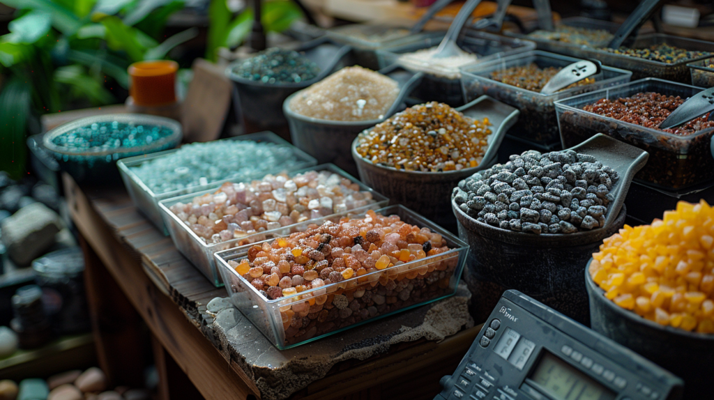 Display of various colored crystals and stones sorted in containers on a wooden table, with a calculator and green plants in the background, perfect for figuring out how many pounds of gravel for a 10 gallon tank.