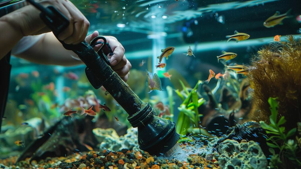 Hands cleaning the gravel of an aquarium tank with the best electric aquarium gravel cleaner while small fish swim around.