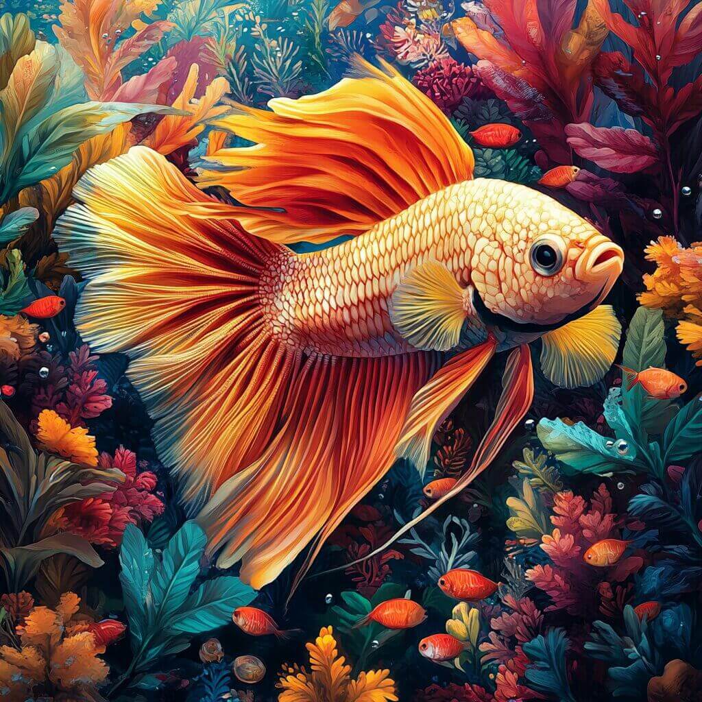 A vividly colored beta fish swims gracefully among a variety of colorful corals and other small fish in an aquatic environment. It's important to know how much to feed beta fish to maintain this serene balance and keep them thriving.