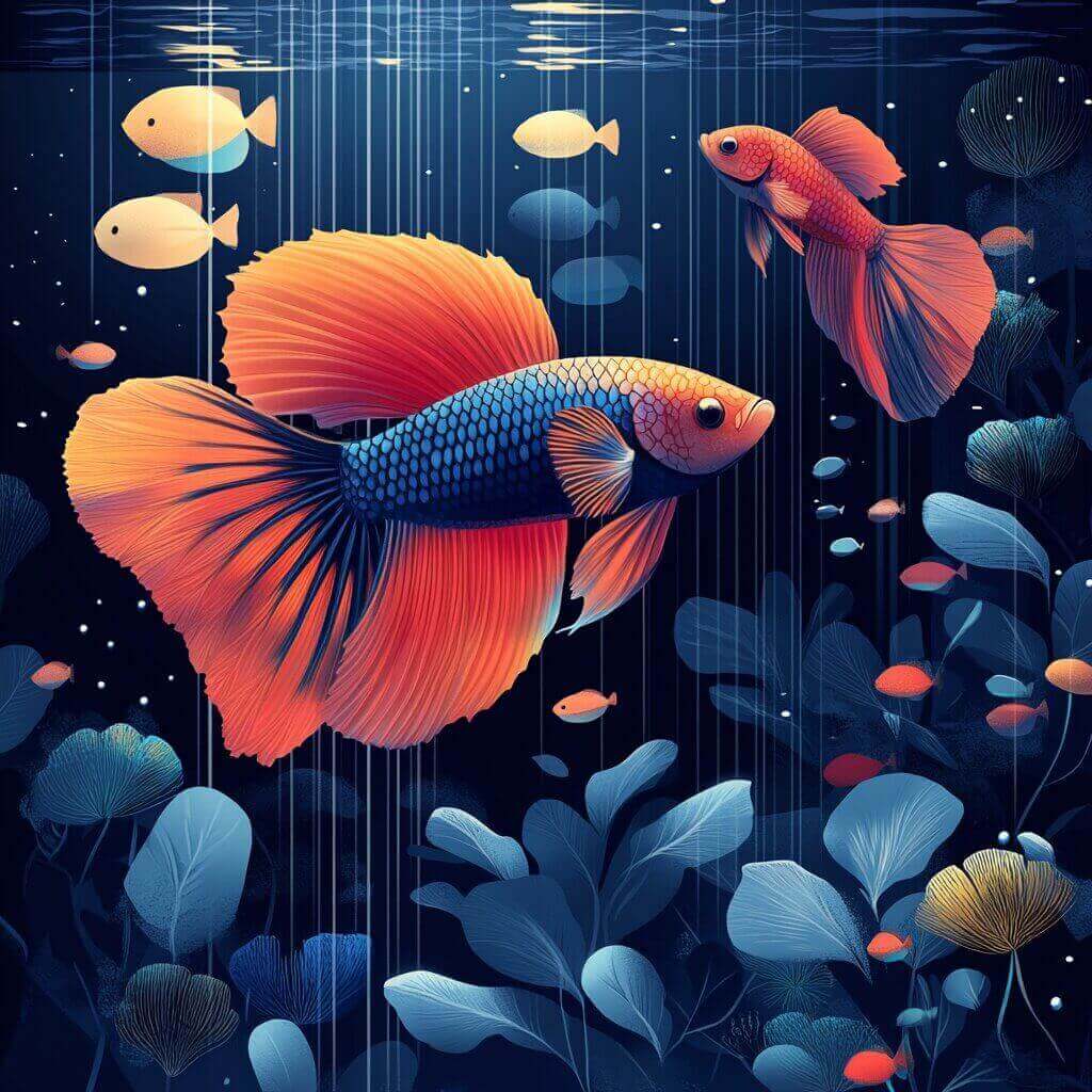 How Do You Breed Betta Fish featuring an Illustration of two colorful Betta fish, hinting at the question "How do you breed Betta fish?" as they gracefully swim among aquatic plants and other fish in a dark underwater setting.