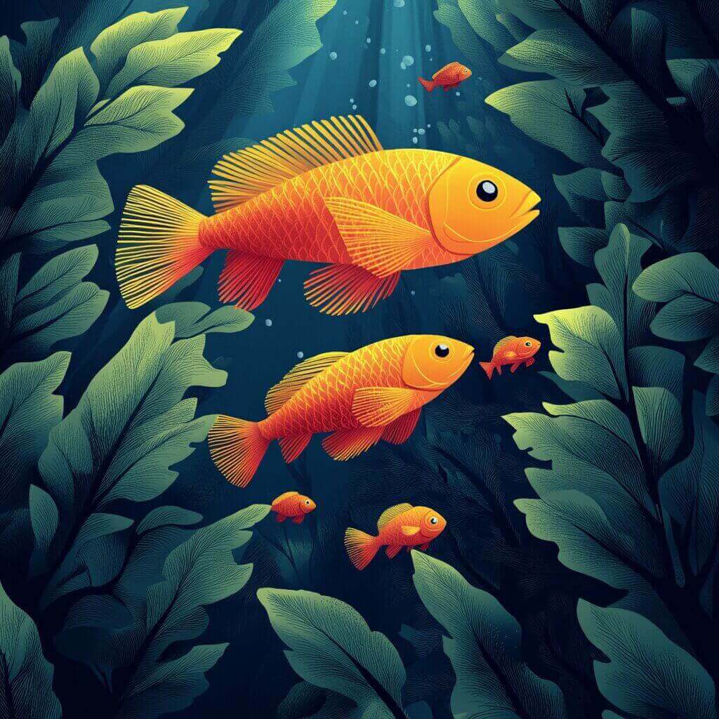 A group of orange fish swim among large green underwater plants, illuminated by sunlight filtering through the water. In this serene scene, it's important to know that certain types of algae can kill fish if not properly managed.