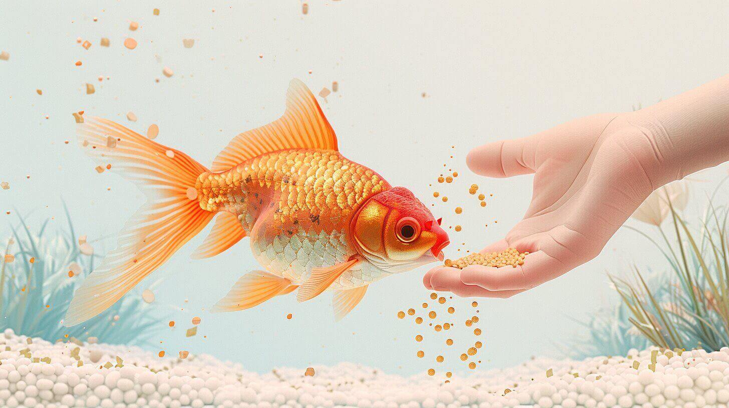A hand feeds a goldfish in an aquarium adorned with pebbles and lush aquatic plants, offering a glimpse into how much goldfish eat in their serene underwater world.