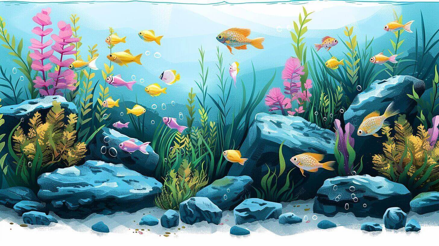 an underwater scene with various colorful fish swimming among rocks plants and bubbles in a 30 gallon tank with a vibrant blue aquatic environment An underwater scene with various colorful fish swimming among rocks, plants, and bubbles in a 30-gallon tank with a vibrant blue aquatic environment.