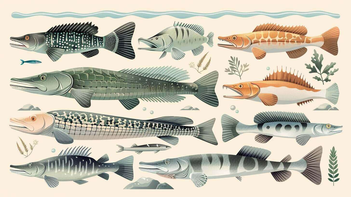 Illustration of various fish species, including gar navigating underwater, surrounded by aquatic plants and rocks. Explore the vibrant ecosystem where each creature finds its niche in the food chain.