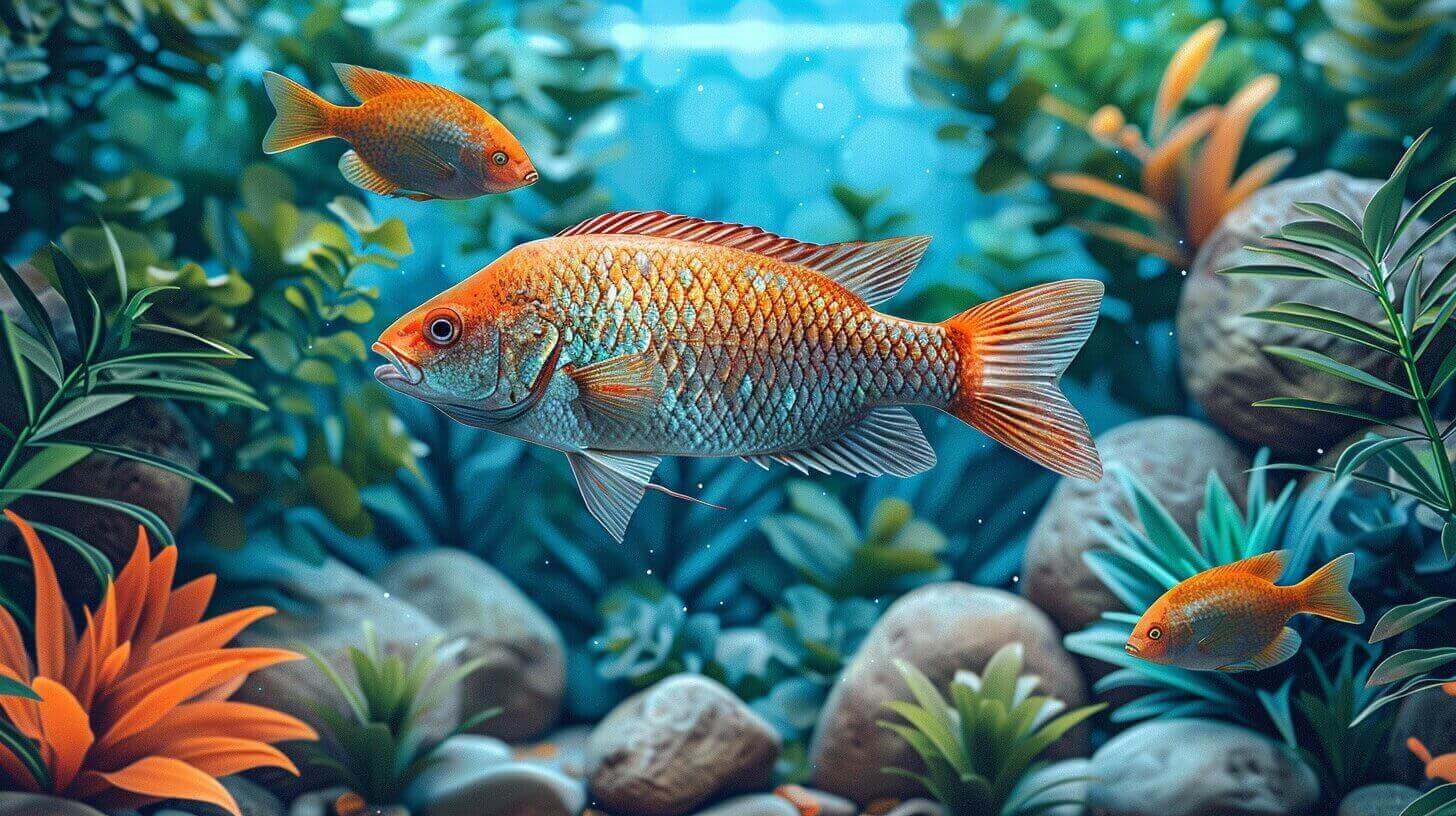 in a vibrant underwater scene three orange fish gracefully swim among aquatic plants and rocks showcasing the beauty you can create in a 30 gallon tank In a vibrant underwater scene, three orange fish gracefully swim among aquatic plants and rocks, showcasing the beauty you can create in a 30-gallon tank.