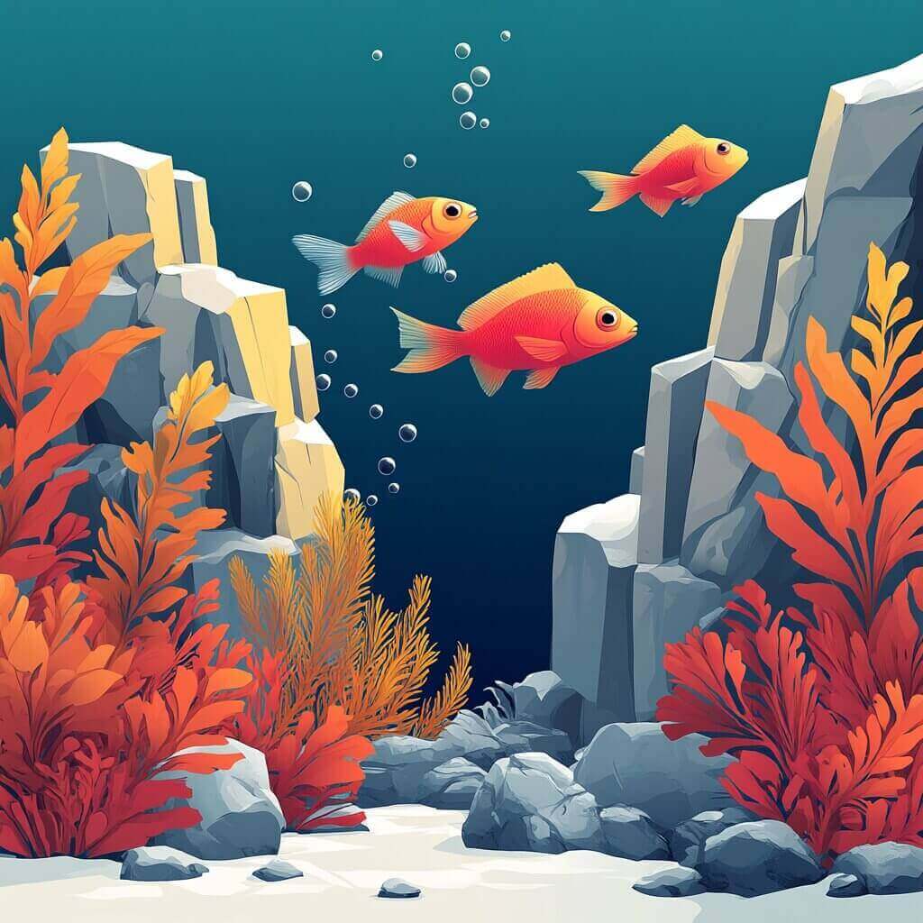 Three orange fish swim amidst colorful coral and rocky formations underwater, with bubbles rising to the surface. In such vibrant ecosystems, it's crucial to remember that harmful algae blooms can kill fish if conditions worsen.