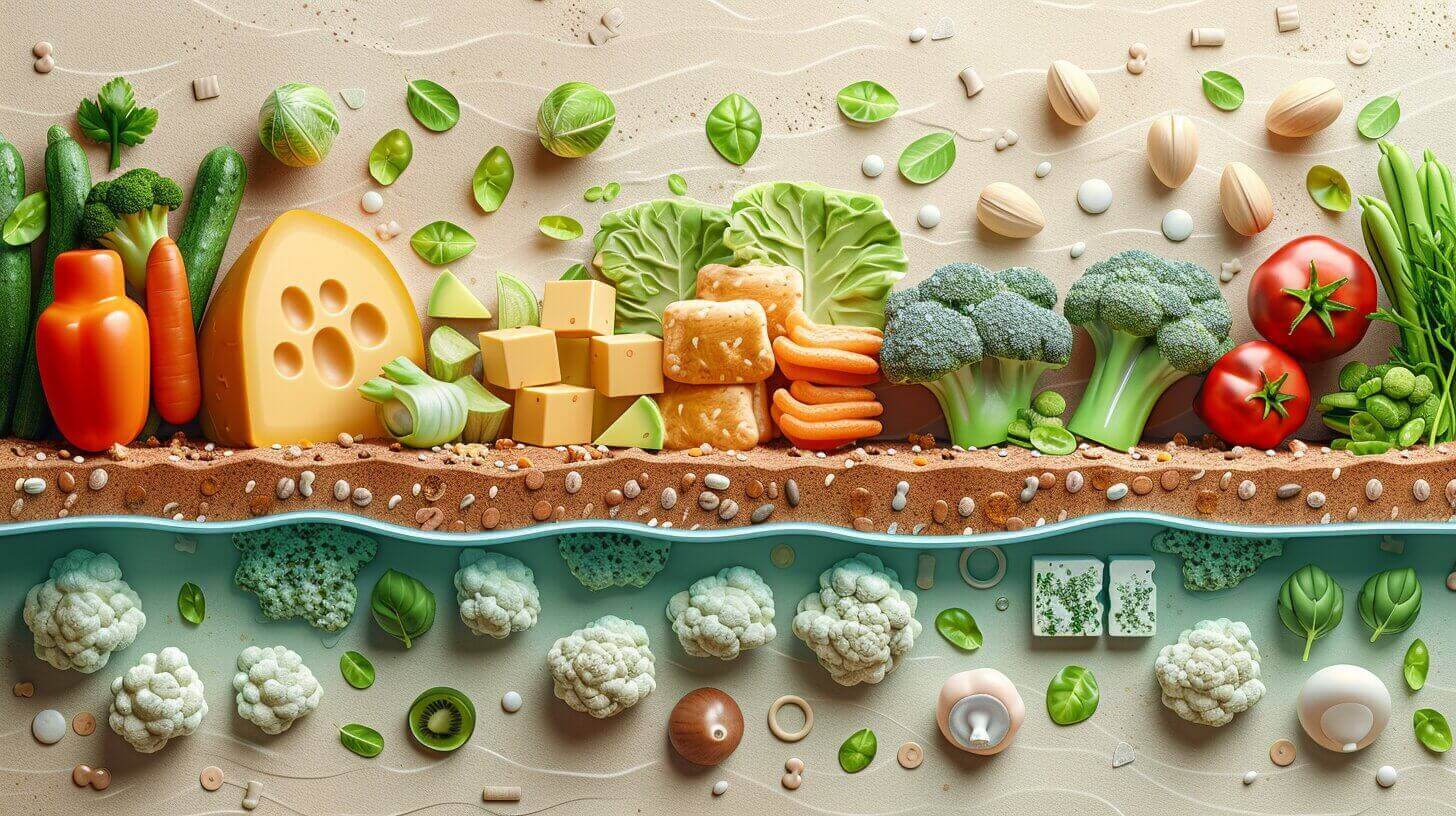 A colorful assortment of vegetables on a textured surface features broccoli, carrots, tomatoes, cucumbers, and cabbage—foods that cory fish might nibble on in their aquatic environment.