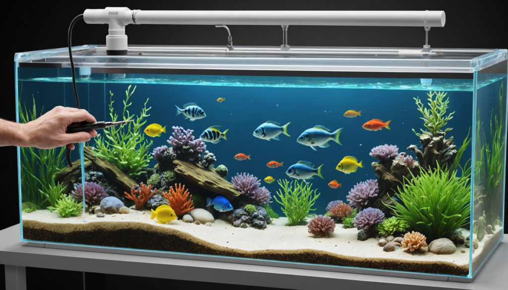 A person adjusts a silicone-safe device above a large aquarium filled with colorful fish, coral, and aquatic plants.