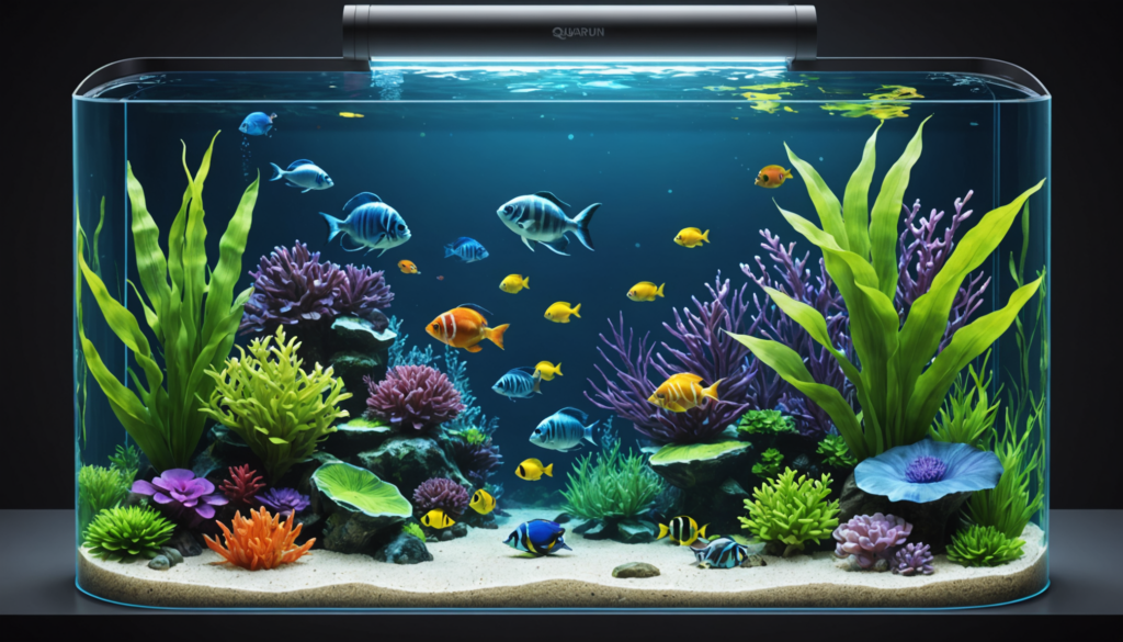 A vibrant aquarium featuring colorful fish, green plants, and various corals is illuminated under a bright light. For enthusiasts, choosing what silicone is aquarium safe ensures the perfect environment for these lively underwater scenes.