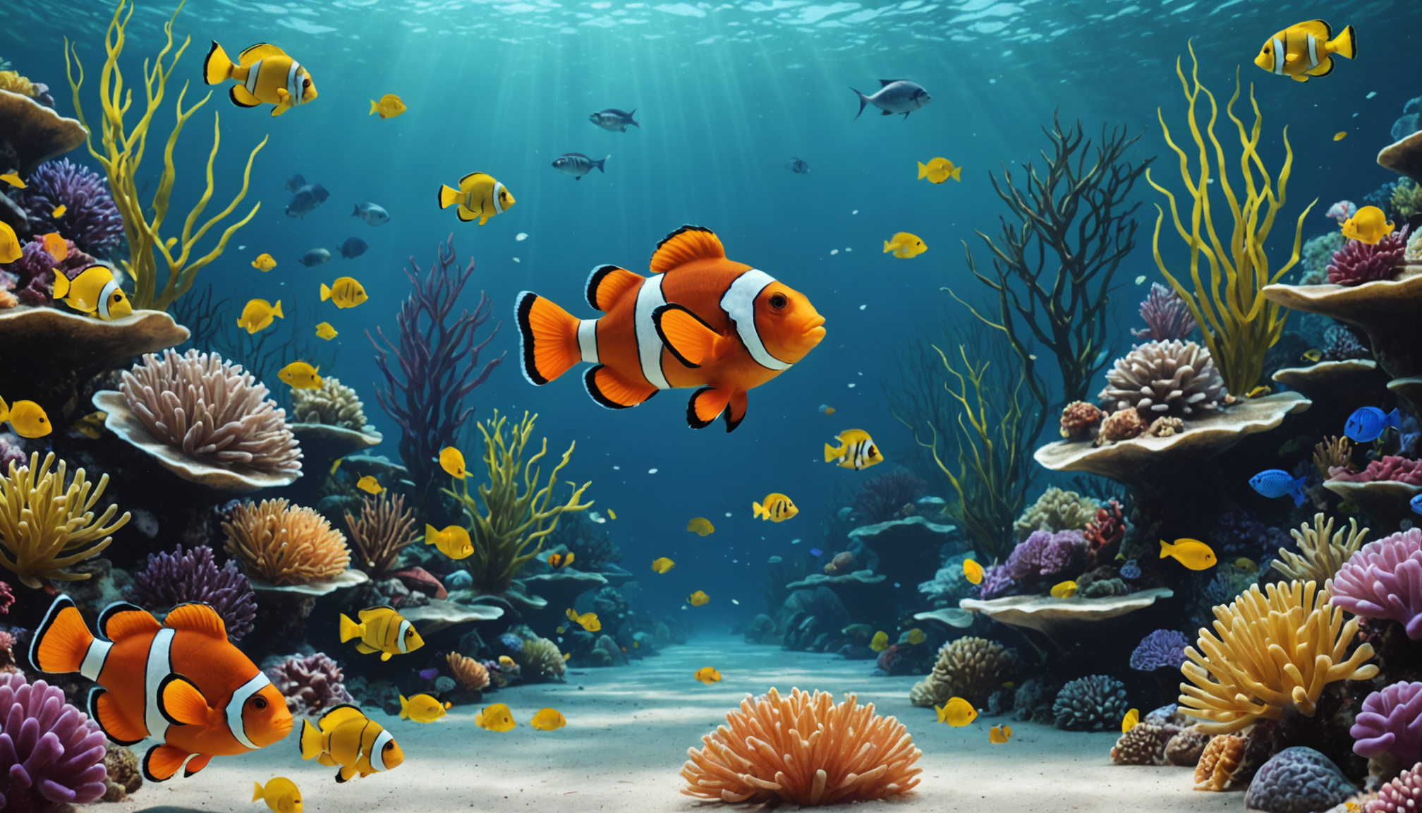 A vibrant underwater scene showcases clownfish swimming among colorful corals and various small fish in clear blue waters, where they thrive far from the threat of suffocating out of water.