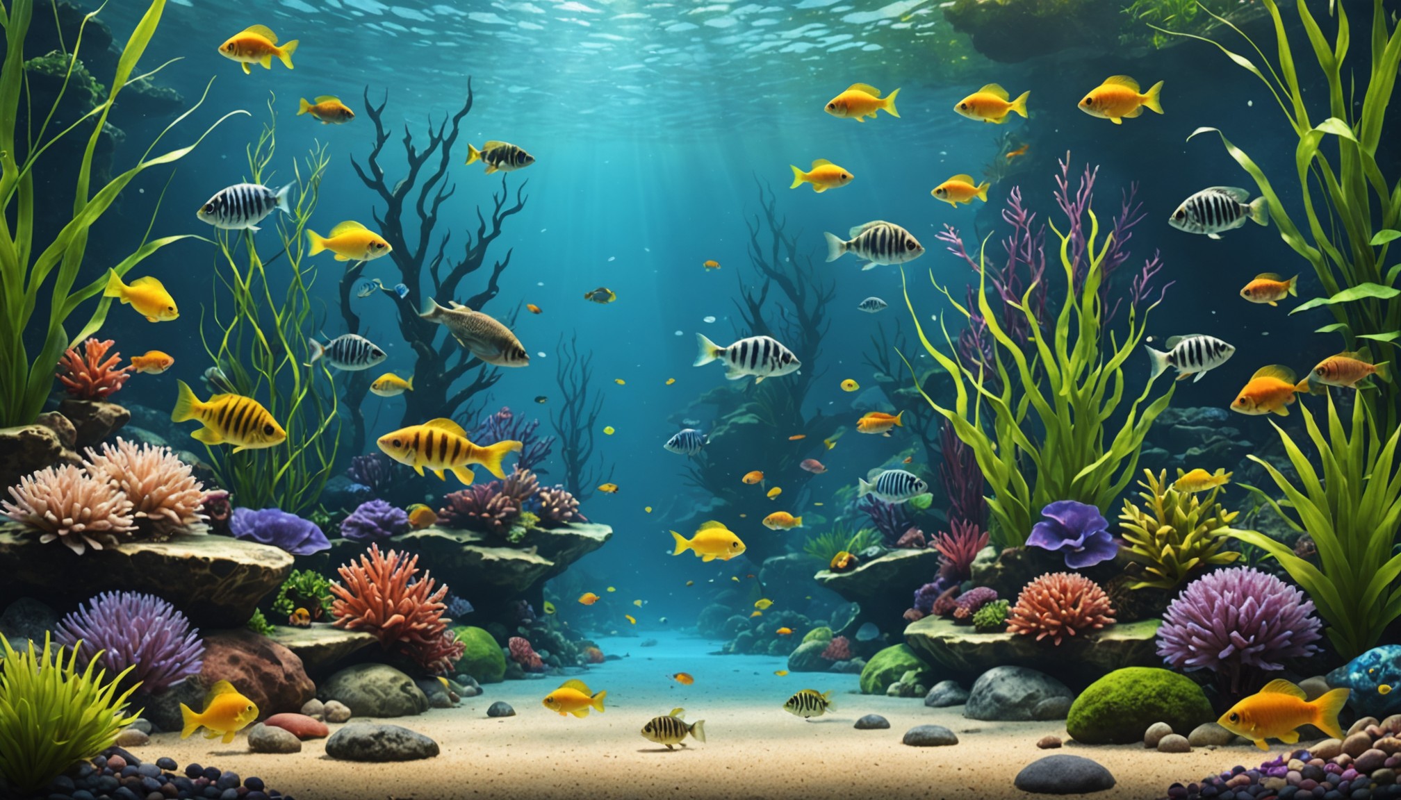 An underwater scene showcases various colorful fish, including bottom-feeding aquarium species, swimming among vibrant corals and sea plants, all illuminated by sun rays filtering through the water.