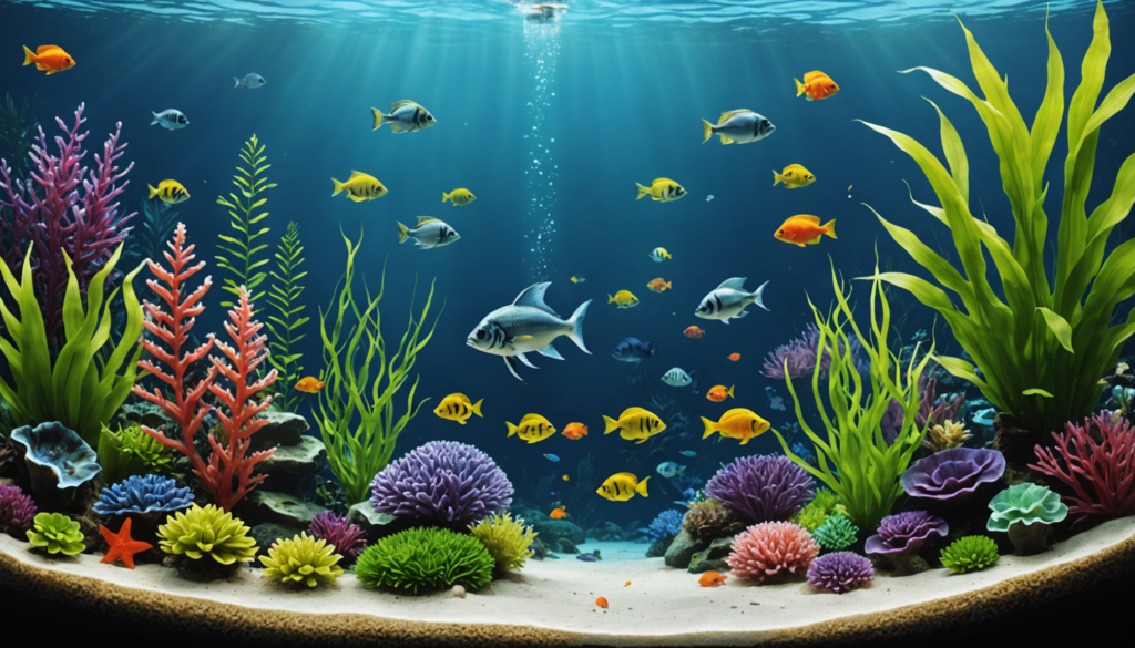 An underwater scene with colorful fish swimming among various corals and plants, safe with aquarium silicone, illuminated by sunlight filtering through the water.