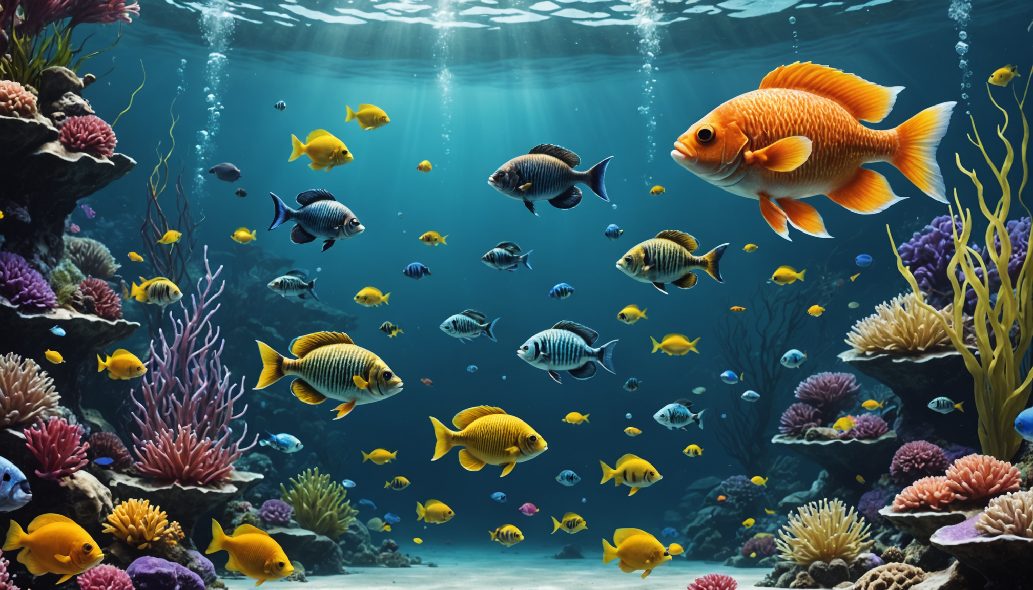 An underwater scene with diverse fish swimming among colorful coral reefs under sunlight creates a vibrant spectacle, a reminder of their need to stay submerged as they would suffocate out of water.