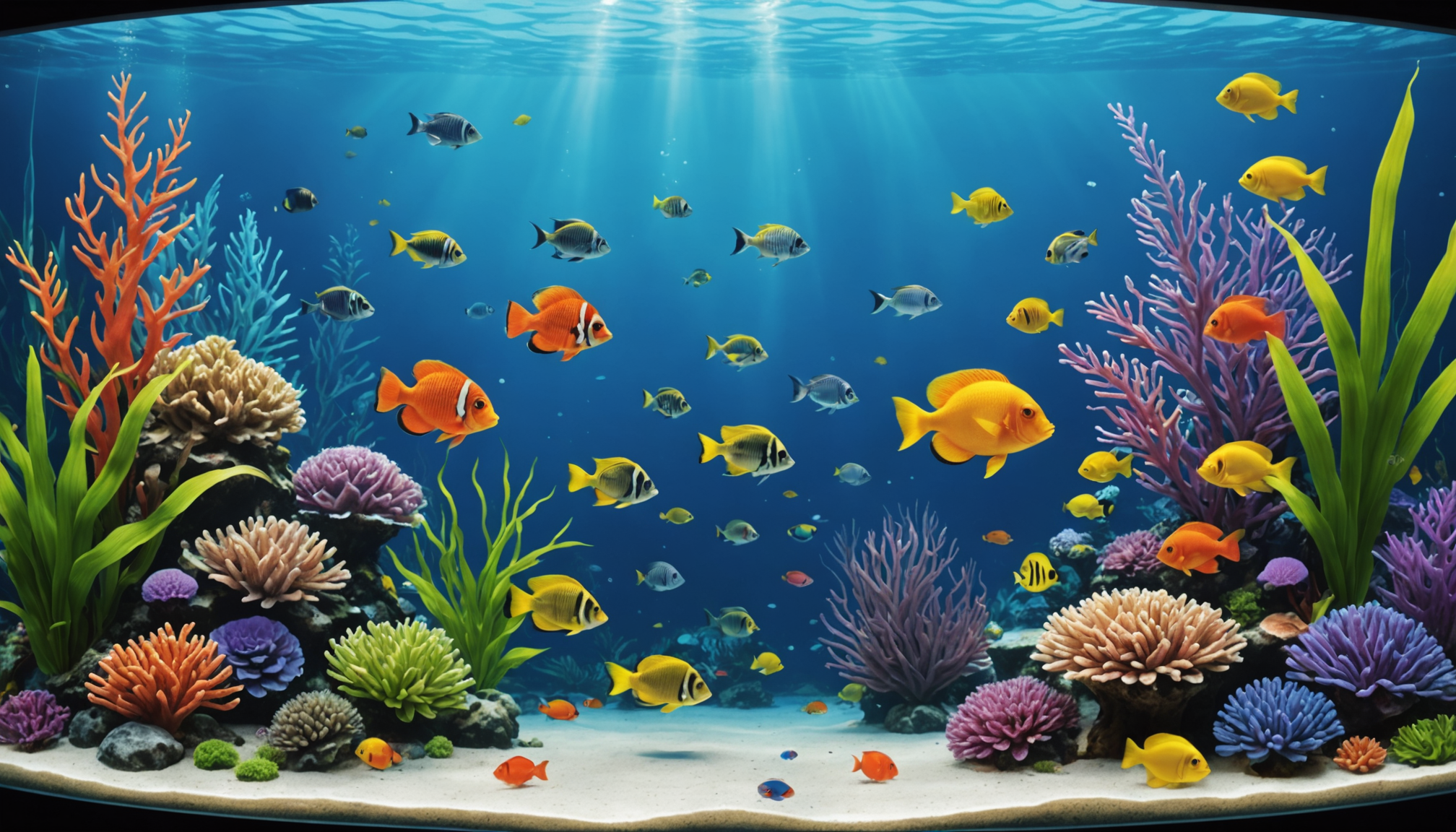 Colorful fish swim among vibrant corals and plants in a well-lit aquarium, where only silicone that is aquarium safe is used to ensure a healthy environment.