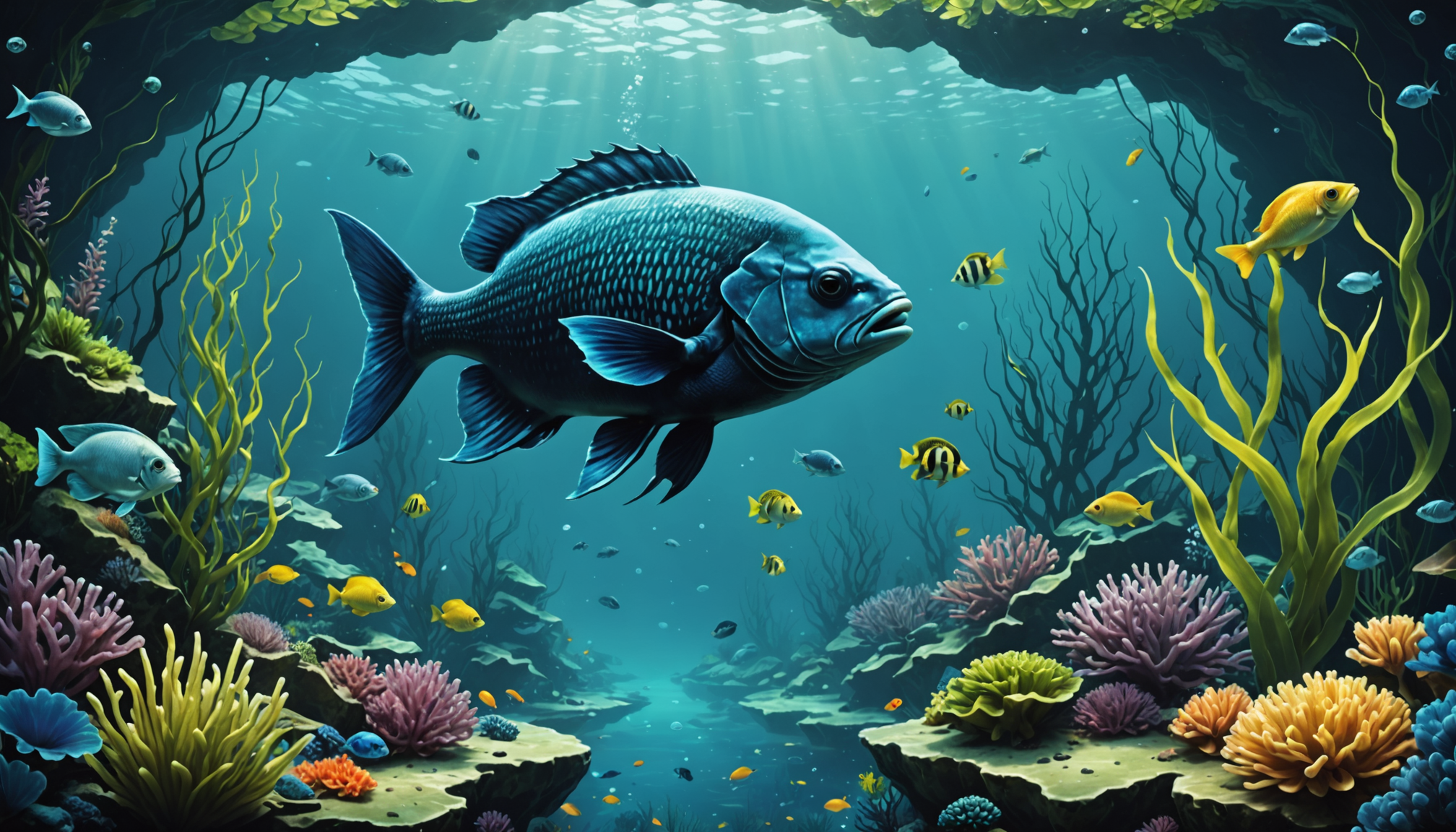 In a sunlit ocean environment, a large blue fish moves gracefully among smaller colorful fish, coral, and seaweed. The vibrant underwater scene stands in stark contrast to the curiosity: do fish suffocate out of water?.