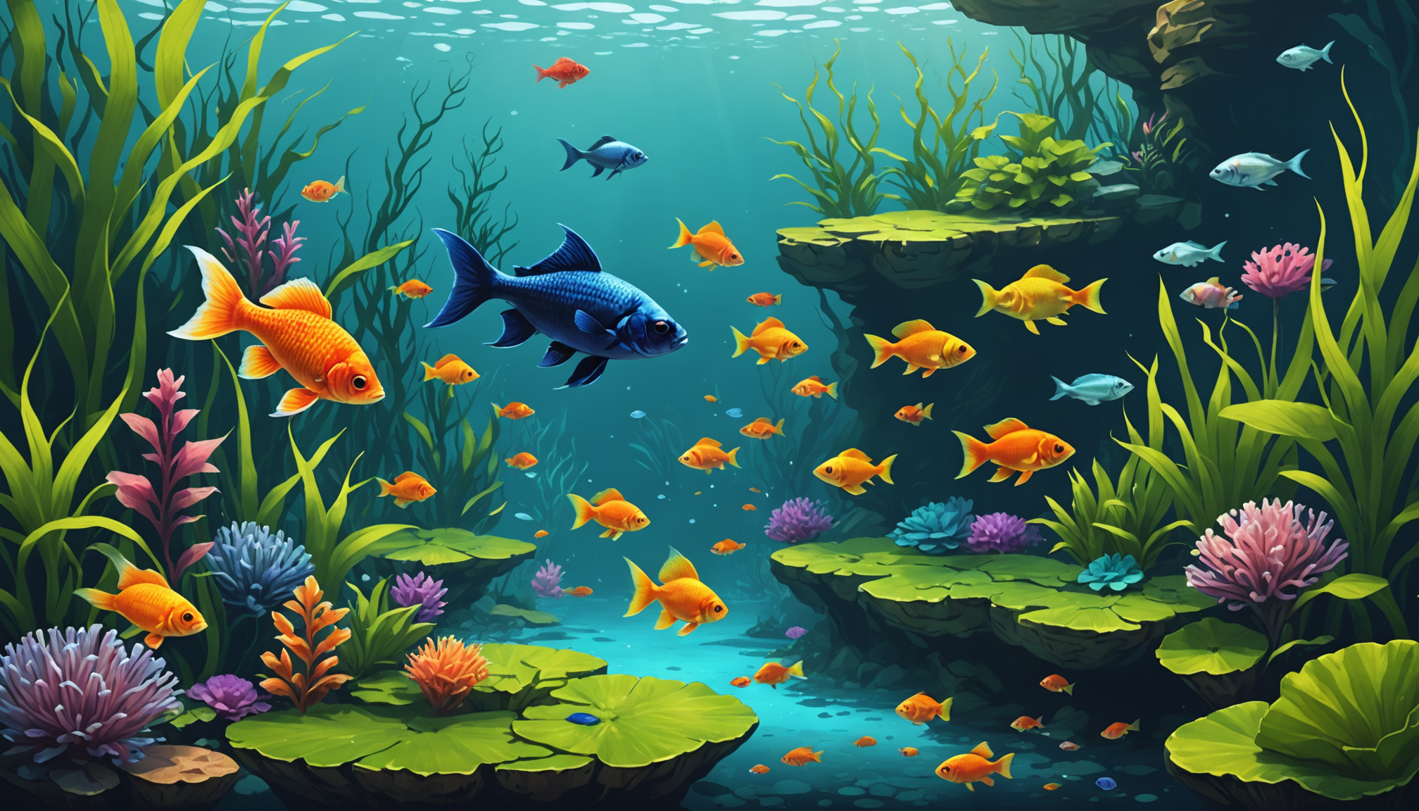 In an underwater scene of vibrant life, various colorful fish glide among rocks, seaweed, and coral in the clear blue water, thriving in their aquatic world where they don't have to worry about suffocating out of water.