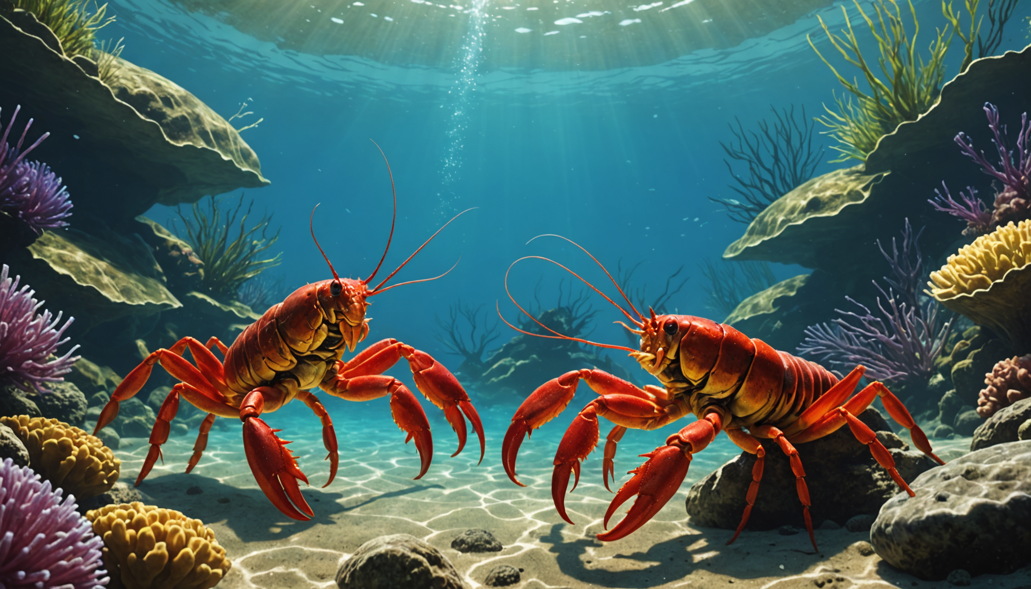 Two lobsters, akin to learning how to tell male from female crayfish, rest on a vibrant coral reef floor, surrounded by colorful corals under sunlight filtering through clear blue water.