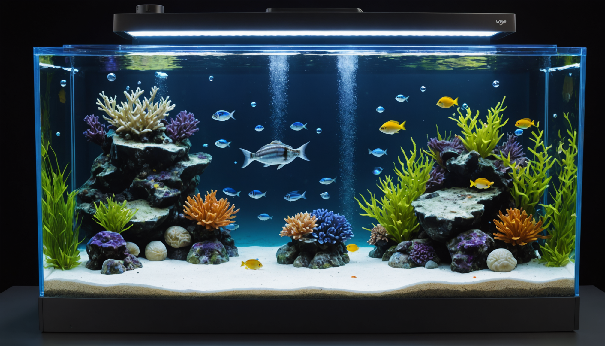 A brightly lit aquarium, featuring vibrant corals and diverse fish species against a dark backdrop, thrives with clarity thanks to the best canister filter for aquariums.