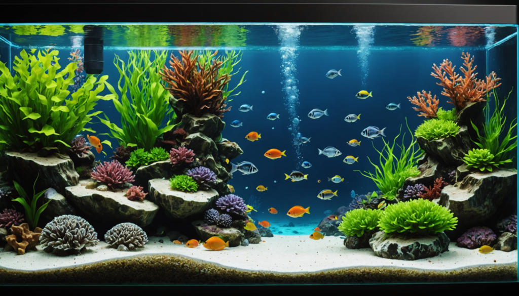 A vibrant aquarium with diverse colorful coral, rocks, and various small fish thriving under clear water and bright lighting, all maintained by the best canister filter for aquariums.