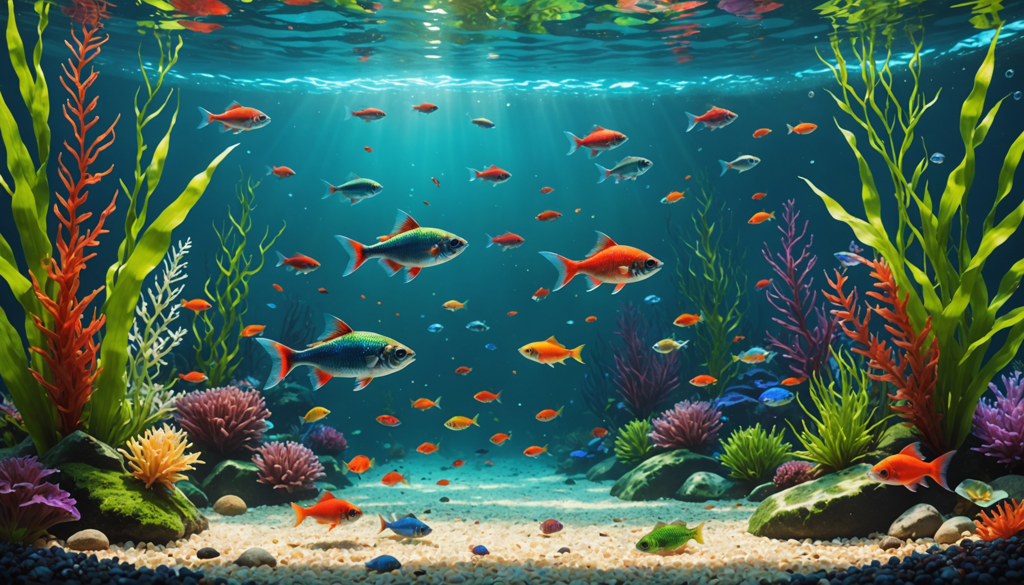 A vibrant underwater scene with colorful tetras gliding among green seaweed, coral, and rocks on a sandy ocean floor, illuminated by sunlight streaming through the water—a perfect environment to explore the best fish food for tetras.