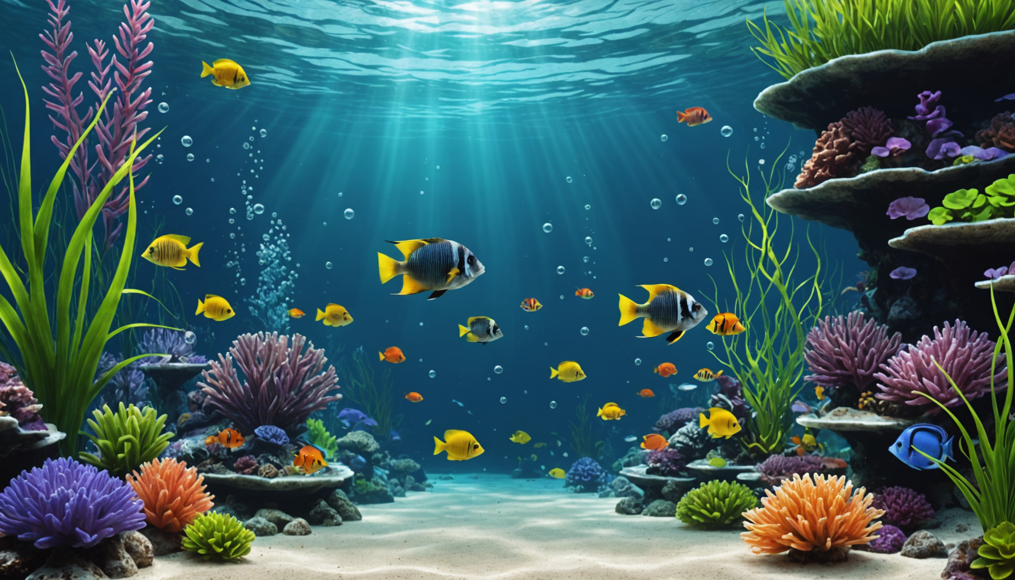 A vibrant underwater scene with various colorful fish swimming among coral reefs and aquatic plants, illuminated by sunlight streaming through the water, maintained beautifully with the best canister filter for aquariums ensuring a crystal-clear habitat.