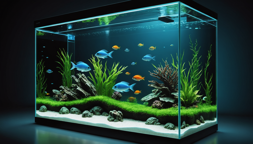 An aquarium with blue and orange fish dancing among green plants, rocks, and coral, set against a dark background—perfectly complemented by the best canister filter for aquarium enthusiasts seeking crystal-clear waters.