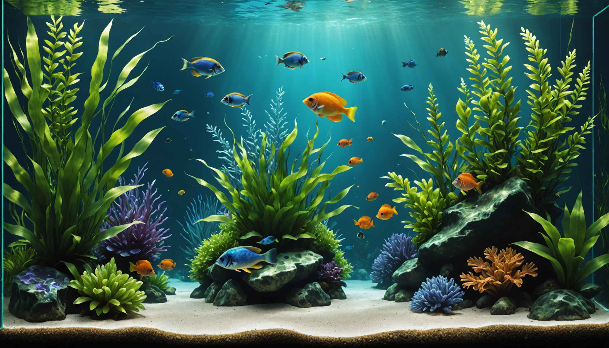 Aquarium featuring colorful fish and coral formations, complemented by the best artificial plants for aquariums, all under clear water with gentle light rays.