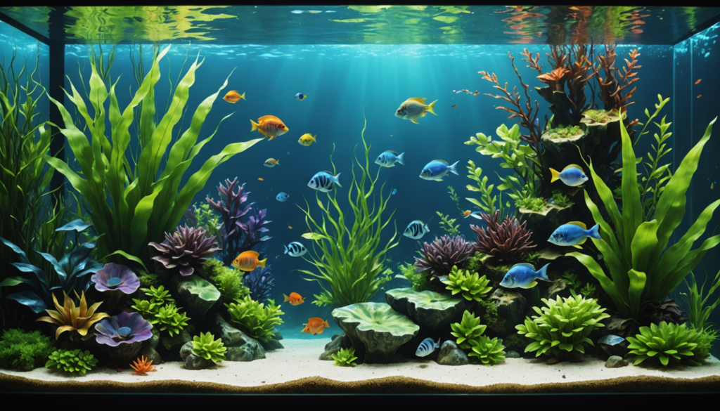 Aquarium with colorful fish swimming among the best artificial plants for aquariums and coral, under blue water with light beams filtering through.