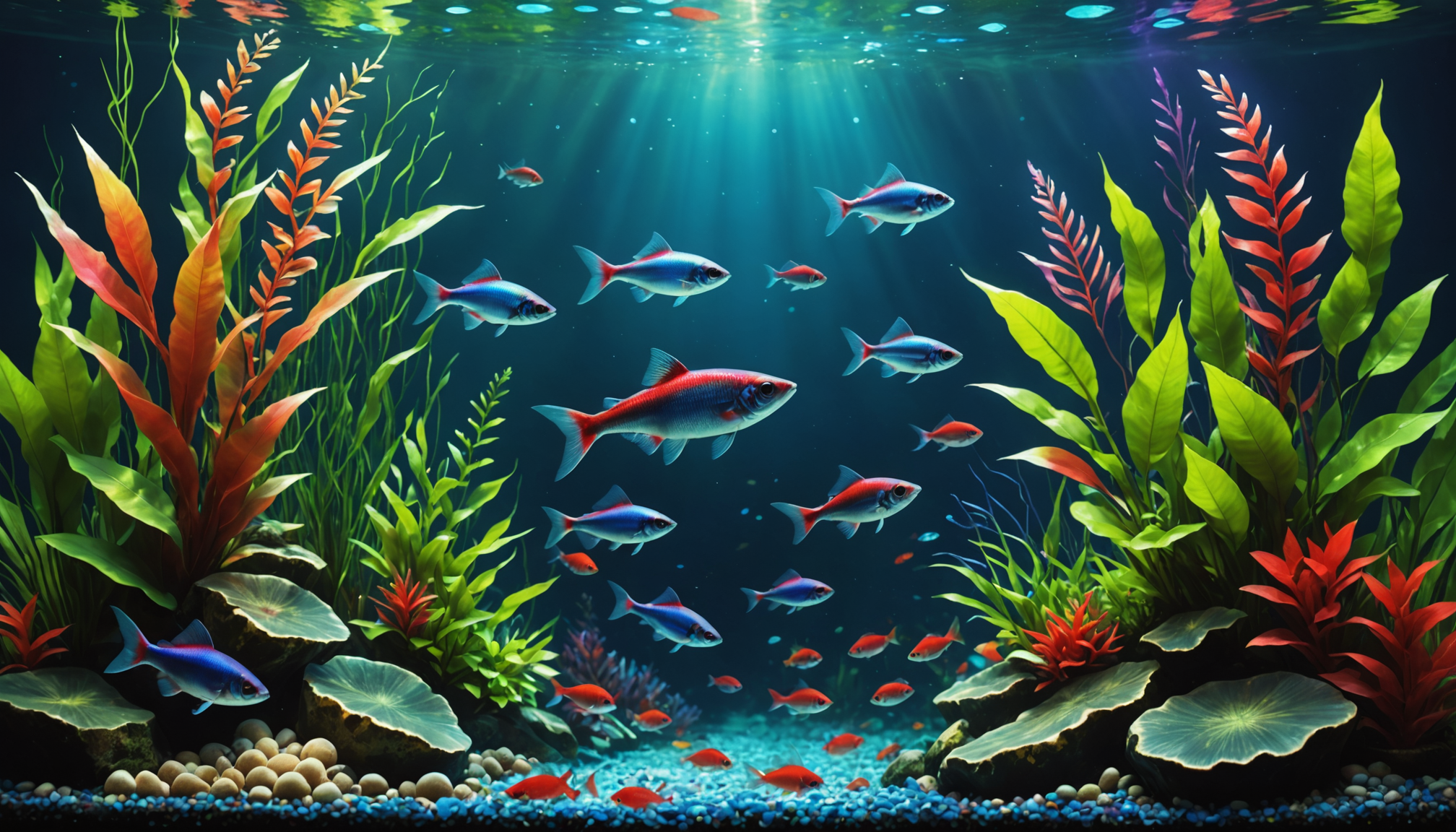 The underwater scene comes alive as tetras glide gracefully among colorful aquatic plants and pebbles, searching for the best fish food, all illuminated by sunrays filtering through the water above.