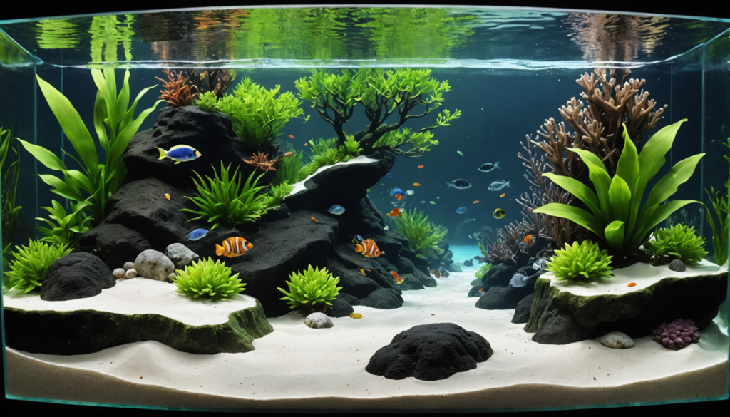 A rectangular aquarium featuring the best freshwater sand, vibrant fish, rocks, and lush green plants.