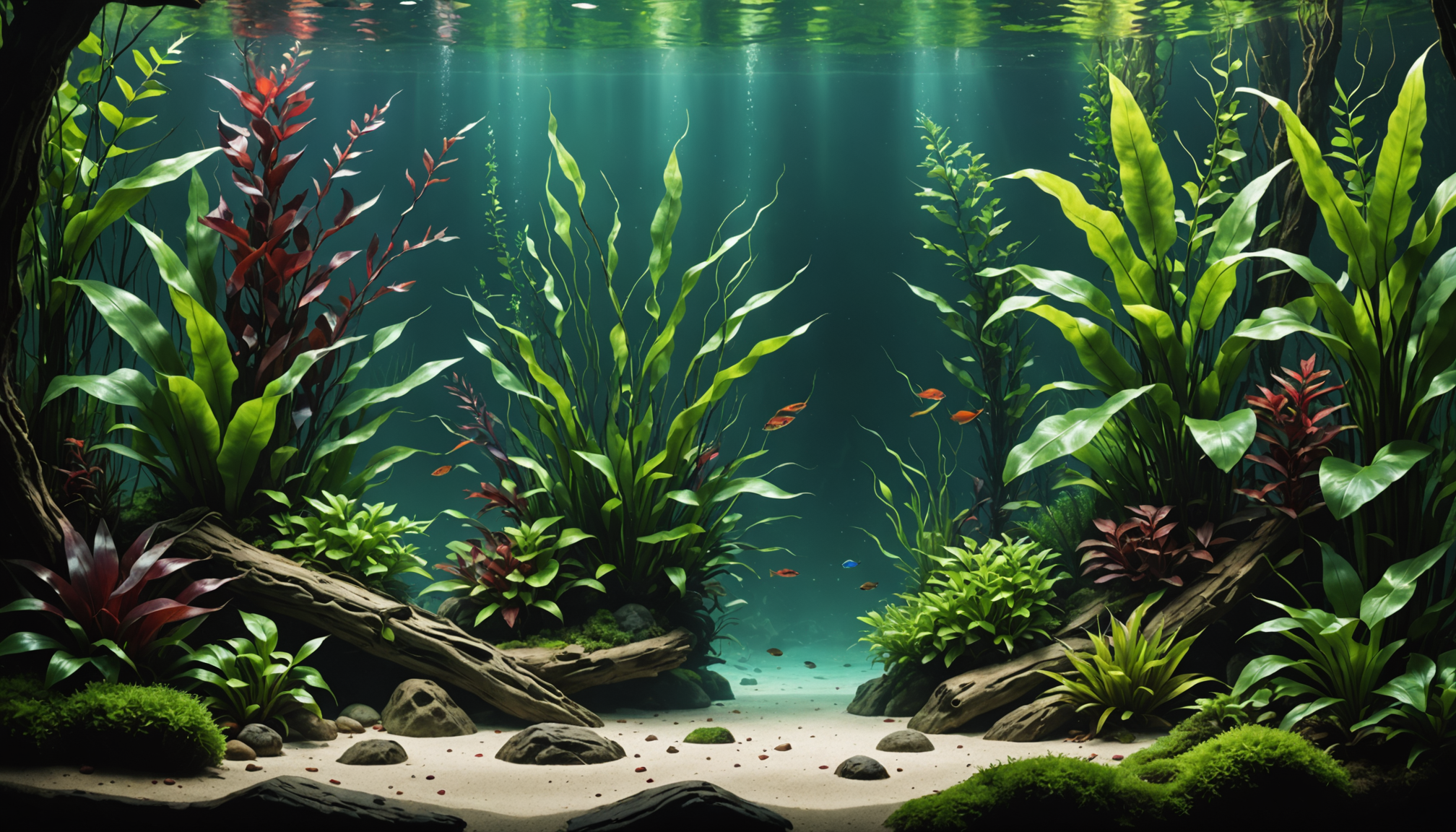 An underwater scene in an aquarium showcases various green plants, rocks, and small colorful fish swimming gracefully. The best aquarium plants for low light thrive here, illuminated by gentle sunlight filtering through the water.