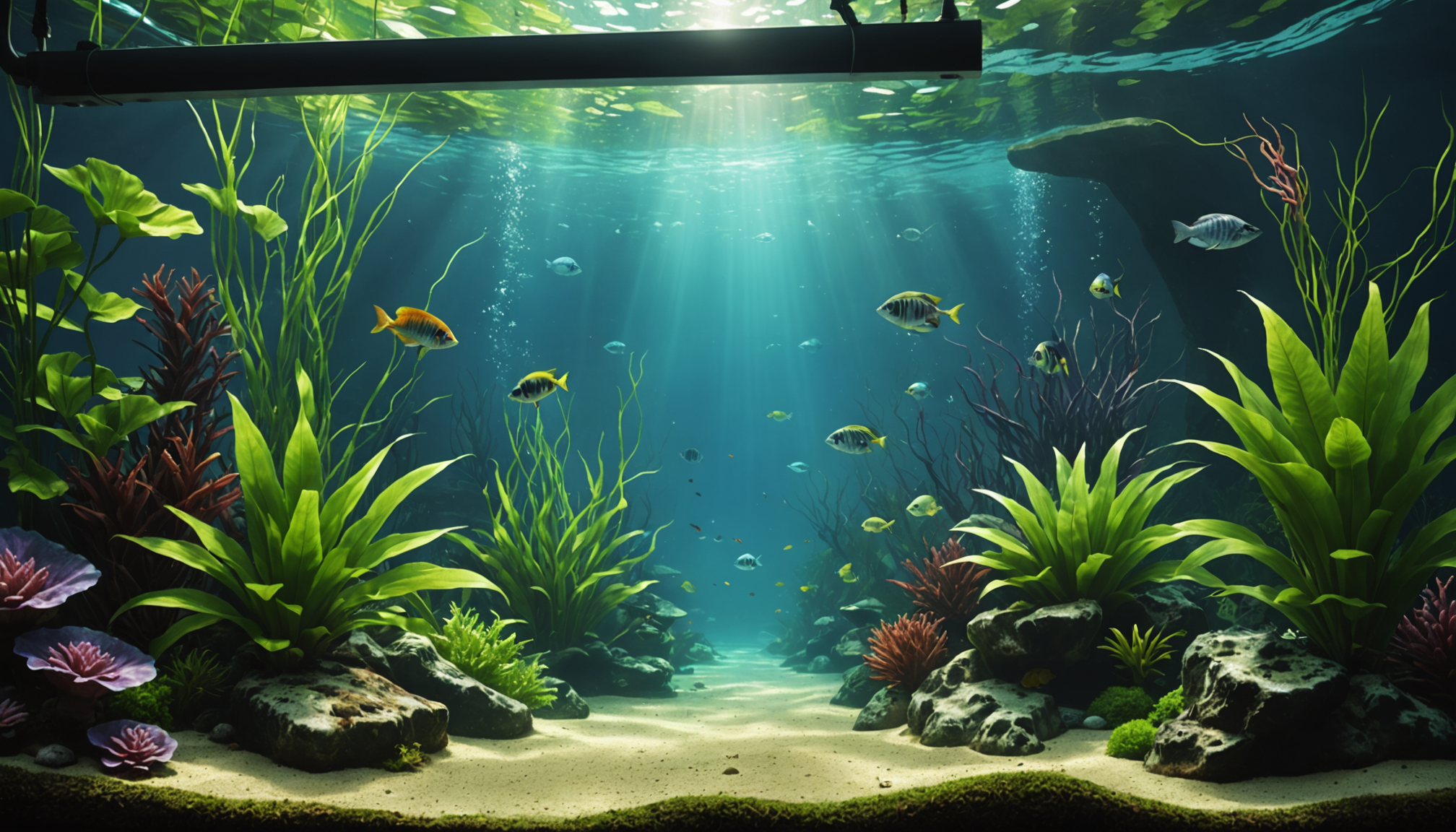 An underwater scene unfolds with various fish gliding among vibrant green plants—some of the best aquarium plants for low light—and colorful corals, all illuminated by sunlight filtering through the water's surface.