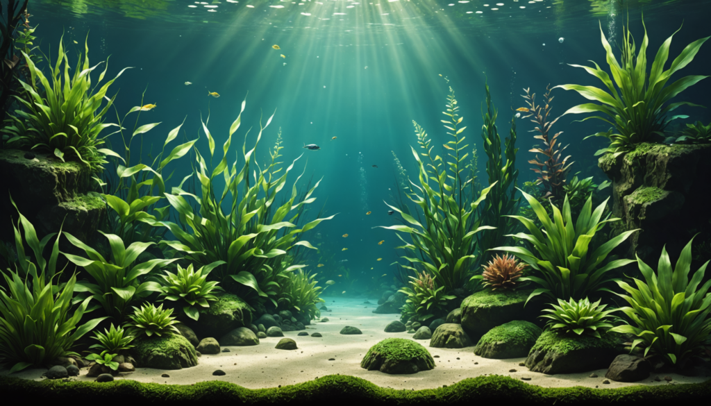 Sunlight filters through the water, illuminating green plants and rocks in this underwater scene. With an array of the best aquarium plants for low light, small fish gracefully swim among the lush vegetation.