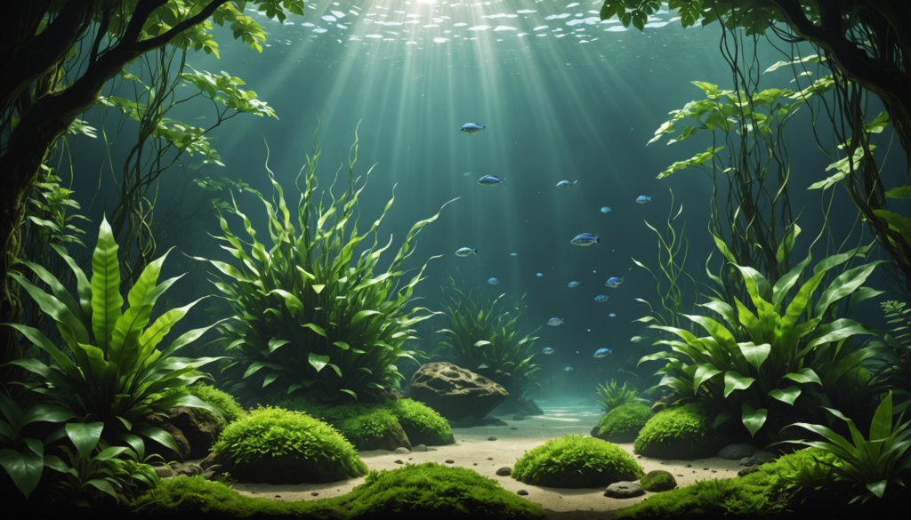 Sunlight gently filters through the underwater scene, illuminating lush green flora often admired as some of the best aquarium plants for low light, with small fish weaving gracefully among them.