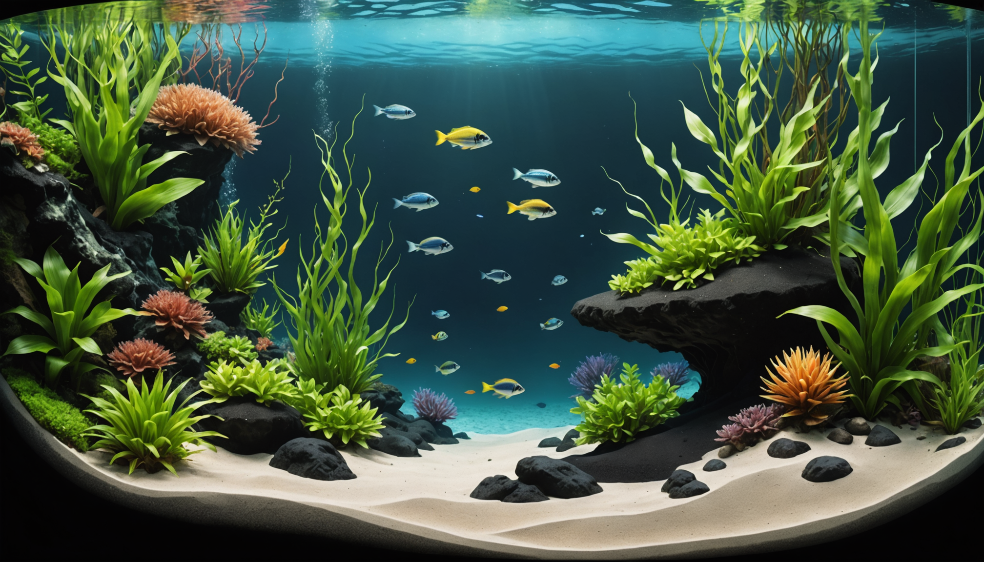 The best aquarium features colorful fish darting among green plants and coral on a sandy bottom, all nestled in a freshwater setting surrounded by rocks.
