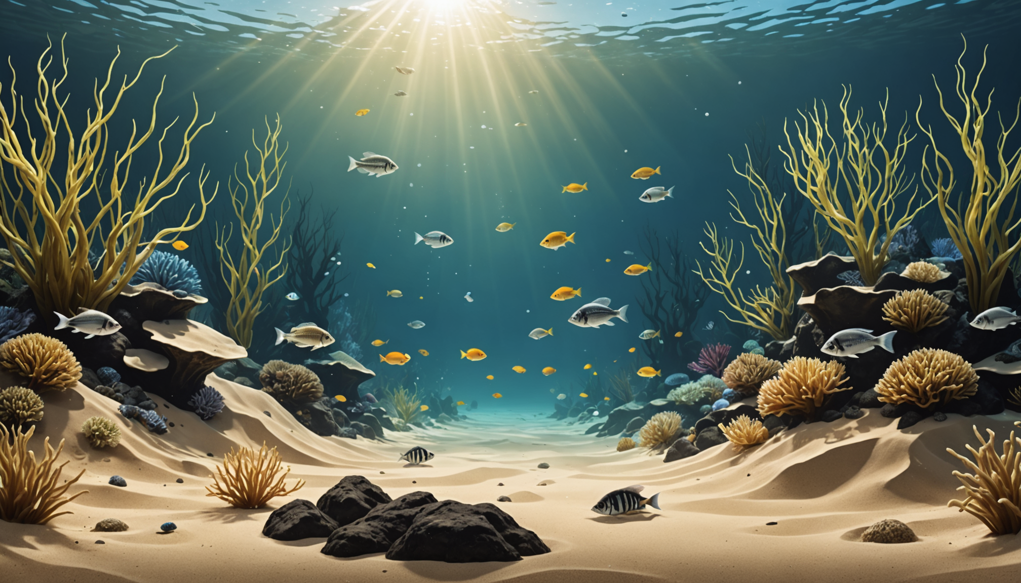 Underwater scene with sun rays penetrating the ocean surface, illuminating fish, corals, and seaweed on a sandy seabed reminiscent of the best freshwater aquarium sand.