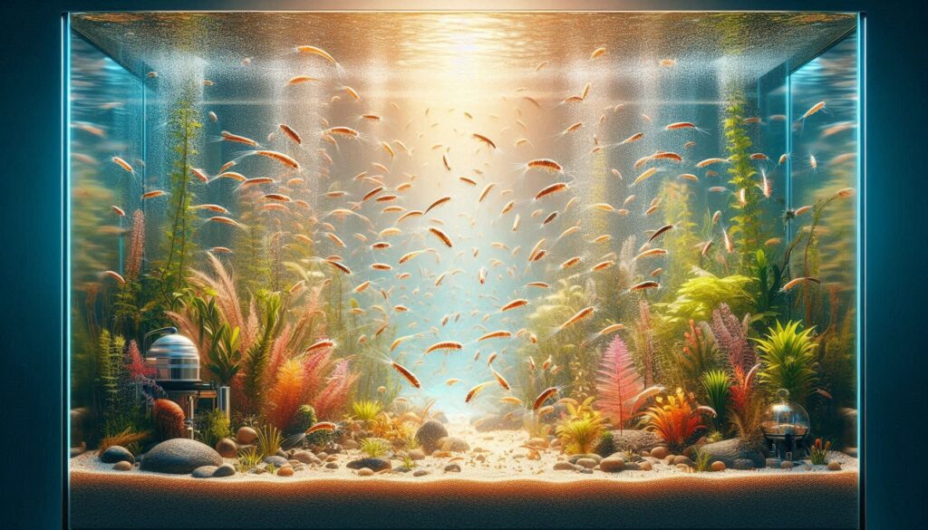 A large aquarium, under diffused light, is home to numerous small fish, colorful plants, rocks, and two metallic objects on the gravel bottom. Curious minds might wonder how long brine shrimp live alongside these vibrant residents.