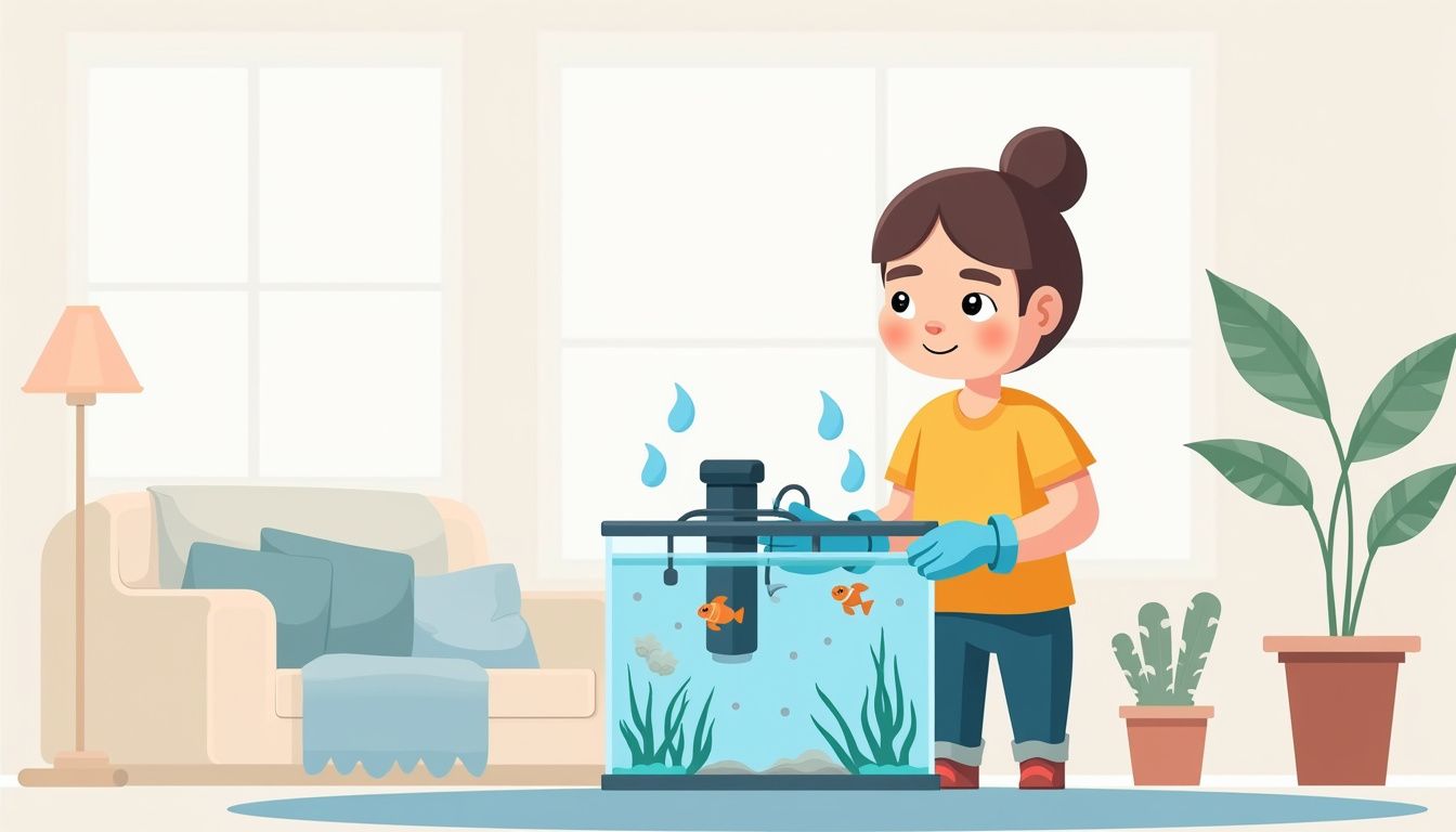Person wearing protective gloves while cleaning a home aquarium.